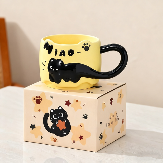 Tasse chat jaune en céramique – Forme de chat